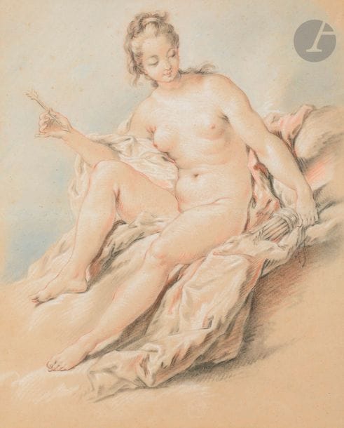 Atelier de François BOUCHER (Paris 1703 - Paris 1770)
La tireuse de flèches
Trois crayons et rehauts de pastel.
(Quelques rousseurs, pliure horizontale au centre).
41 x 32,5 cm

Provenance : 
Vente Sotheby's, Londres, 3 juillet 1996, n° 260. 

Nous connaissons deux autres dessins du même sujet, un à la Kunsthalle de Hambourg, un autre de l'ancienne collection Koenigs. Selon Monsieur Laing, il est difficile de dire qu'une des trois versions existantes est autographe. Ils pourraient s'agir aussi de répliques autographes faites sur des dessins commencés par des élèves comme le relate Mannlich.
Nous connaissons une gravure dans le même sens que notre dessin (voir : P. Jean-Richard, L'Œuvre gravé de François Boucher dans la collection Edmond de Rothschild, Paris, Éditions des Musées nationaux, 1978, n° 1474, reproduit).
Nous remercions Monsieur. Alastair Laing pour les informations afférentes.