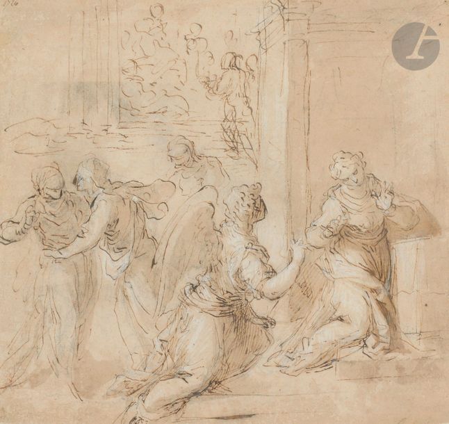 Jacopo PALMA LE JEUNE (Venise 1544 - Venise 1628)
L'Annonciation
Plume et encre brune, lavis brun et traces de rehauts de gouache blanche sur traits de crayon noir.
Numérotée en haut à gauche " 1926 ".
(Dessin doublé, quelques épidermures).
23,5 x 25 cm de forme irrégulière