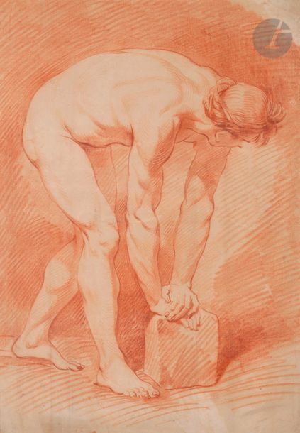 École FRANÇAISE du XVIIIe siècle
Académie d'homme penché en avant
Sanguine et estompe.
Pliures et petites taches.
52,5 x 32 cm