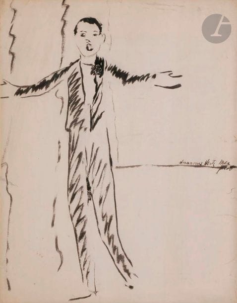 Max JACOB (1876-1944)
Le Chanteur Davids
Encre et lavis d'encre sur papier contrecollé sur carton.
Signée à droite.
(Petites déchirures).
30 x 23 cm

Provenance : 
- Librairie Bernard Loliée, Paris.
- Succession du collectionneur Didier Gompel, Paris, acquis auprès de cette dernière le 25 janvier 1978.