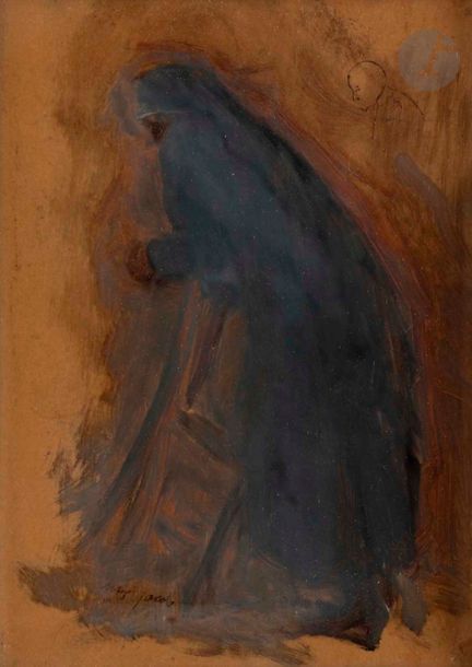Max JACOB (1876-1944)
Femme en prière
Huile et encre sur papier contrecollé sur toile.
Signée en bas vers la gauche.
22 x 16,5 cm

Provenance : 
- Librairie Marc Loliée, Paris.
- Succession du collectionneur Didier Gompel, Paris, acquis auprès de cette dernière en 1972.