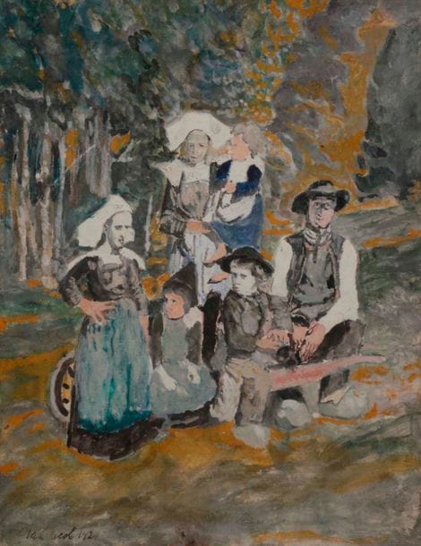 Max JACOB (1876-1944)
Famille bretonne, 1926
Gouache.
Signée et datée en bas à gauche.
24 x 18,5 cm

Provenance : 
- Librairie Loewy, Paris.
- Succession du collectionneur Didier Gompel, Paris, acquis auprès de cette dernière.

Bibliographie : 
Max Jacob, La Côte, recueil de chants celtiques, Paris, Édition Crès, 1926.