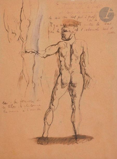 Max JACOB (1876-1944)
Académie d'homme
Encre, aquarelle et mine de plomb.
Légendée.
23,5 x 17 cm

Provenance : 
- Librairie Matarasso, Nice.
- Succession du collectionneur Didier Gompel, Paris, acquis auprès de cette dernière en 1956.

Commentaire autographe en marge : " la région des omoplates est grande comme le profil et large de même que lui la raie du dos fait 2 profils en partant de la nuque. Il y a une omoplate entre le bas de la raie et l'extrémité sur les fesses. Entre la fourche et le talon, c'est comme du même à l'oreille ".
