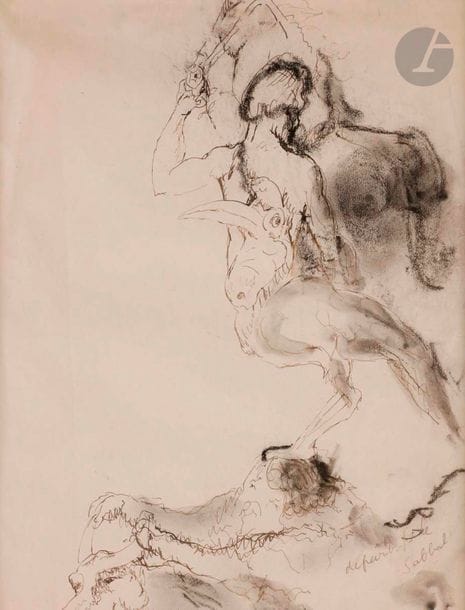 Max JACOB (1876-1944)
Départ pour le Sabbah
Encre, lavis d'encre et fusain.
Non signée.
Légendée en bas à droite.
(Petits plis).
25,5 x 20 cm

Provenance : 
- Collection François le Lionnais.
- Succession du collectionneur Didier Gompel, Paris, acquis auprès de ce dernier en 1986.