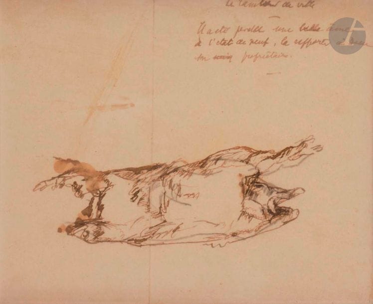 Max JACOB (1876-1944)
Le Tambour de ville ou Porc écorché
Encre.
(Pli verticale).
21 x 25,5 cm

Provenance : 
- Librairie Bernard Loliée, Paris.
- Succession du collectionneur Didier Gompel, Paris, acquis auprès de cette dernière en janvier 1976.

Les inscriptions sont une citation des Derniers poèmes en vers et en prose.
Dans le haut à droite, ce texte autographe : " Le Tambour de ville - Il a été perdu une belle âme à l'état de neuf, la rapporter à Dieu son propriétaire "