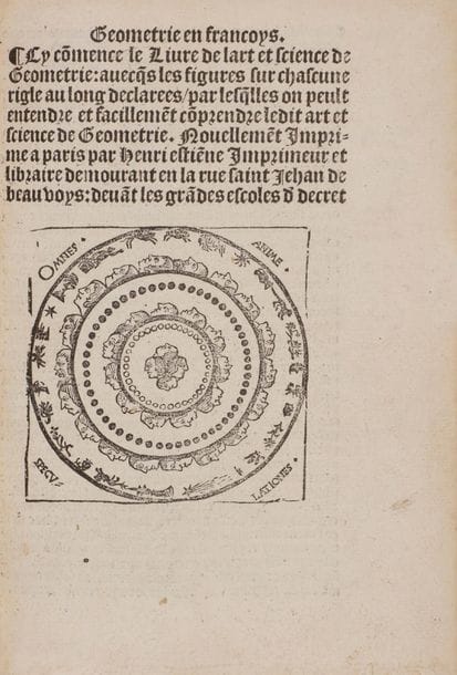 BOVELLES Charles de (1478-1567).
Geometrie en francoys. Cy commence le Livre de lart et science de Geometrie… (Paris, Henri Estienne, 1511).
In-8 (20 x 13,4 cm), 40 f. (a8-e8), maroquin brun, cadre intérieur de même peau, contre-gardes de papier vélin, orné de roulettes et dentelles dorées, dos à nerfs, tranches dorées (Cuzin).
Rarissime édition originale du premier manuel de géométrie publié en français, abondamment illustré de figures gravées sur bois.
Charles de Bovelles, auteur prolifique de son époque, s’intéresse, outre à la géométrie, à la grammaire, la théologie et la philosophie. Avant cette édition en langue vernaculaire, il a déjà publié plusieurs traités de mathématiques en latin comme l’Introductio in geometriam (Paris, Estienne, 1501) ou le Mathematicum opus quadripartitum (Paris, Estienne, 1510). C’est à la demande de ses amis, comme il le souligne dans la préface de l’édition de 1542, et pour être accessible aux praticiens de l’architecture, qu’il se lance dans cet ouvrage. Il est confronté à la pauvreté du vocabulaire français en cette matière et adapte une série de termes latins dont la presque totalité sera conservée jusqu’à nos jours.
Ce livre a donc une importance particulière pour l’histoire des sciences, pour l’étude de la linguistique, mais également parce qu’il est l’un des très rares livres de son époque à ne pas avoir été produit pour un public d’élite mais bien pour « les hommes du commun ».
Le spécialiste et éditeur de Charles de Bovelles, Jean-Marie Nicolle, ne mentionne que deux exemplaires de cette édition ; deux autres ont été localisés dans des bibliothèques publiques françaises (Rouen et Blois), un à Gand, mais aucun à la Bibliothèque nationale de France ou dans d’autres grandes institutions étrangères.
Traces de cire sur la reliure, plats légèrement convexes.