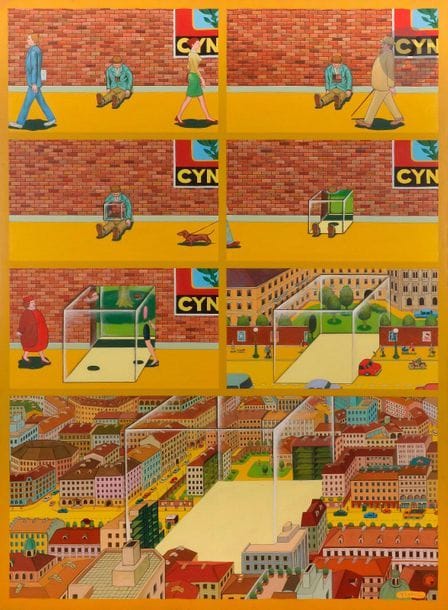 Tiger TATEISHI [Japanese] (1941-1998)A Disapearring town, 1972Oil on canvas.
 Signed and
 dated lower right.

 Signed, dated

 and titled on the back. 166 x 120 cmProvenance : 
- Galerie Alexandre Iolas
, Milan. - 

Galerie Samy Kinge

, Paris.

 - Private collection. Acquired from the latter

