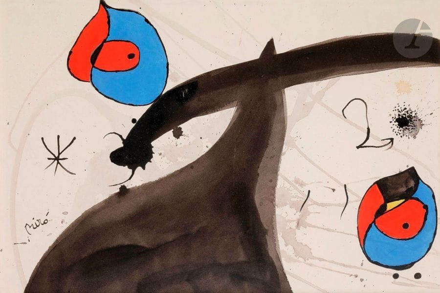 Joan MIRO [espagnol] (1893-1983)
Femme, oiseaux, 1974
Gouache et encre.
Signée en bas à gauche.
Signée, datée, titrée et dédicacée " A Gaston Diehl - Bien amicalement - Miró " au dos.
36 x 52 cm

Provenance : 
Collection Gaston Diehl.

Bibliographie :
Jacques Dupin et Ariane Lelong-Mainaud, Joan Miró, Catalogue Raisonné : Drawings, Volume IV, 1973-1976, Paris, Succession Miró, Daniel Lelong, 2013, reproduit en noir et blanc sous le n° 2556.

Cette œuvre a probablement été offerte par l'artiste à Gaston Diehl en remerciement de la publication en 1974 de son ouvrage consacré à Miró aux éditions Flammarion.