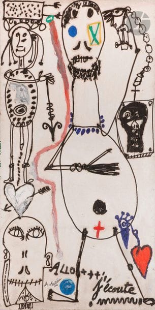 Michel MACRÉAU (1935-1995)
Allo... j'écoute, 1970
Huile sur bois.
Signée en bas vers la gauche.
Titrée en pied.
185 x 102 cm

Provenance : 
- Galerie Georg Nothelfer, Berlin.
- Collection Jean-Dominique Jacquemond, Paris.
- Collection Claude Rouyer, Savoie.

Expositions : 
- Michel Macréau, Rétrospective, Musée d'Annecy, 28 mai-20 septembre 1992, reproduit au catalogue.
- Michel Macréau, Rétrospective, Maison de la Culture André Malraux, Bourges, 1995.
- Michel Macréau, Rétrospective, Musée des Beaux-Arts et de la Dentelle, Alençon, 1996.
- Macréau, Centre d'Art Contemporain, Istres, 17 janvier-9 mars 1997.
- Les Apprentis Sorciers, Dominique Liccia, Michel Macréau, Jean-Michel Basquiat, Musée d'Art Naïf Anatole Jakovsky, Nice, 19 juin-2 novembre 2009.

Bibliographie : 
Jean-Dominique Jacquemond, Macréau, Édition Fus-Art, 1995, reproduit p. 84.

Un certificat de Monsieur Jean-Dominique Jacquemond pourra être remis à la charge de l'acquéreur.

 Allô J'écoute est une œuvre majeure du peintre précurseur Michel Macréau.
 L'Artiste expose son œuvre en une fresque intime entreprise dès le début des années soixante. Violence, rapidité parfaitement maitrisées, il enlumine le graphisme de tatouages colorés dans une mise en page magistrale où son écriture, ses maux se déposent sous la pulsion de l'éjaculation de la matière sortie à même du tube.
JDJ
