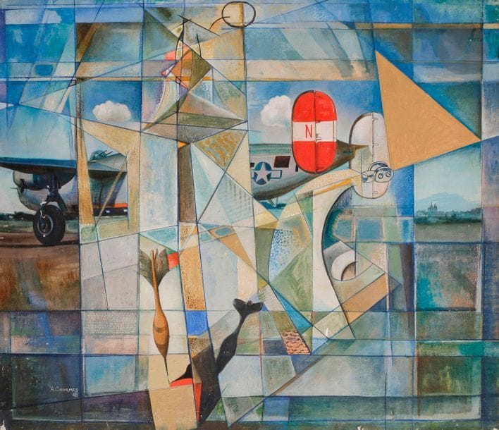Alfred COURMES (1898-1993)
Le Bombardier, 1948
Huile sur toile montée sur panneau.
Signée et datée en bas à gauche.
Signée sur le panneau au dos.
(Infimes manques).
60 x 70 cm

Provenance : 
Collection Gaston Diehl.

Nous remercions Monsieur Thierry Courmes, ayant-droit de l'artiste, d'avoir confirmé l'authenticité de cette œuvre.