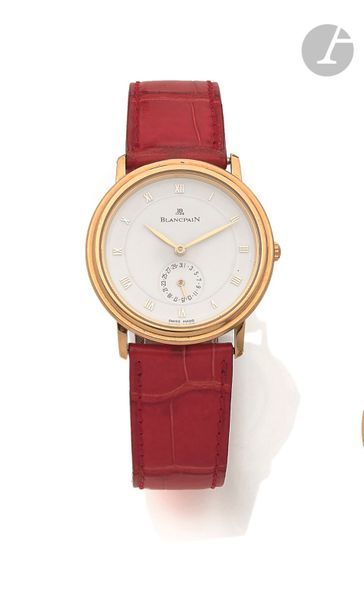 BLANCPAIN Villeret. Vers 1990
N° 865
Montre bracelet pour homme en or jaune 18K (750), cadran blanc, index chiffres romains formant les heures, date par compteur à 6h, mouvement mécanique à remontage automatique calibre 4795, bracelet cuir avec sa boucle ardillon en or 18K signée.
Diamètre : 34 mm
Poids brut : 54,5 g