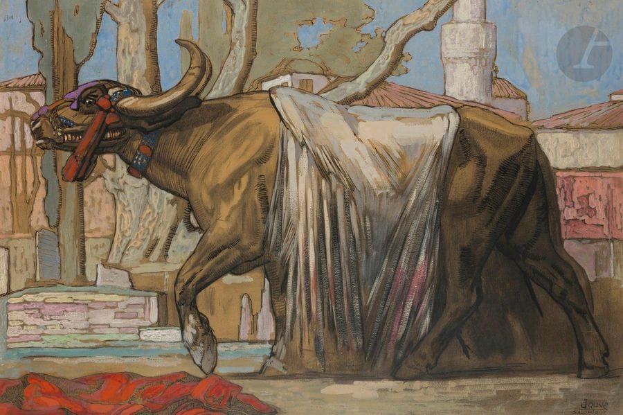 PAUL JOUVE (1878-1973) 
Buffle macédonien, Salonique, 1917
, œuvre présentée à l'Exposition des Artistes d'Orient, Zappéion, Athènes, avril-mai 1918Huile, encre de Chine et gouache sur papier marouflé sur carton. 
Œuvre
 vendue dans un encadrement moderne (Marie-Louise et grande baguette à la feuille d'or). Signée et située JOUVE Salonique en bas à droite. À vue : 72x108cmAvec encadrement : 113x148cm Provenance:- Collection Paul Jouve- Offert par l'artiste au père de l'actuel propriétaire- Par descendanceImportant
:Nous adressons nos remerciements à l'ayant droit de l'artiste qui nous a confirmé l'authenticité de cette œuvre et nous a livré
 de nombreux éléments permettant sa désignation. Exposition : 
- Exposition des Artistes d'Orient, Zappéion, Athènes, avril-mai 1918 - Notre œuvre fut
 présentée lors de cette manifestation. 

- Exposition de peintures de Paul Jouve - Musée des Beaux-Arts de Mulhouse, France, du 17 au 28 février 1926. Notre œuvre a été présentée sous

 le n°10 lors de cette manifestation. Bibliographie : 
- Paul Jouve, peintre sculpteur animalier 1878-1973 - Félix Marcilhac, Les Éditions de l'Amateur, Paris, 2005. Notre
 œuvre reproduite page 91 

- Art et Décoration, janvier 1920 - Notre œuvre reproduite page 36 dans un article (8 pages) entièrement consacré à l'artiste sous la plume

 d'Emmanuel de Thubert. Historique
:En 1917, Paul Jouve est chargé par l'état-major d'organiser une exposition franco-hellénique regroupant, entre autres, des artistes de l'armée d'Orient. Il est nommé commissaire de la future Exposition des Artistes d'Orient, qui se déroulera au Zappéion à Athènes durant les mois d'avril et de mai 1918. Depuis Salonique, il sélectionne et rassemble plus de 300 œuvres pour cette
 manifestation.

 Pour sa participation personnelle, l'artiste animalier choisira plus de 60 peintures et dessins réalisés 