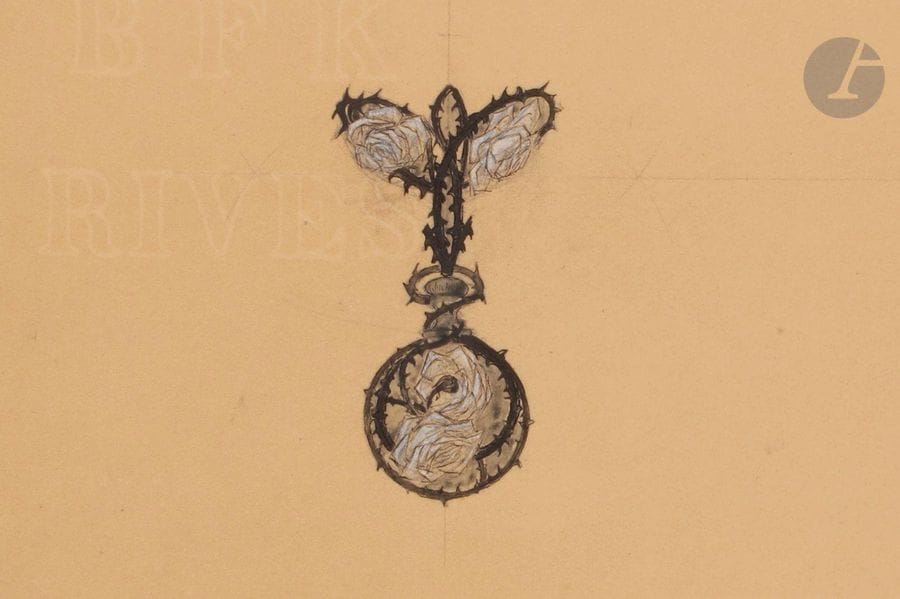 RENÉ LALIQUE (1860-1945
)Les
 roses - Projet de bijouEncre

, lavis et rehauts de gouache sur BFK

 de Rives doublé.

 Manques en bordure et un trou en

 haut à gauche. 28x22,cmProvenance
:Famille de l'artiste.
