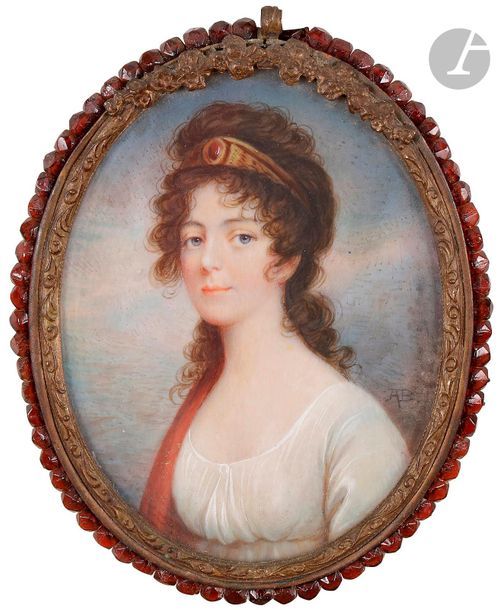 ÉCOLE FRANÇAISE du XIXe siècle

Portrait de femme en buste à l'Antique, peut-être une actrice en costume de scène

Miniature ovale sur ivoire.

Monogrammé AD en bas à droite.

8.5 x 6.2 cm

Joli cadre bordé à l'imitation de grenats.

Poids total : 51 g