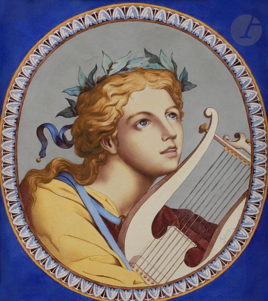 PICHENOT-LŒBNITZ

Portrait de jeune homme à la lyre dans un médaillon en frise à décor de feuilles d'eau sur fond bleu.

Fin du XVIIIe siècle.

60 x 51 cm

Porte le cachet de la maison Pichenot au revers et une signature Jean.