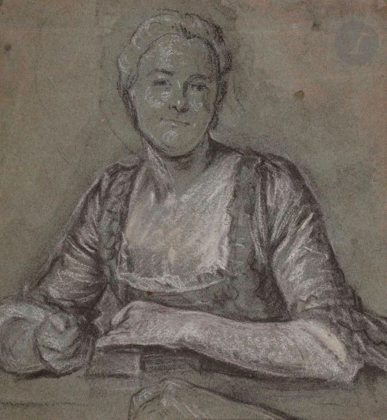 ÉCOLE FRANÇAISE du XVIIIe siècle

Portrait de femme en buste, tenant un livre, d'après La Tour

Pierre noire, estompe et rehauts de craie blanche sur papier bleu.

(Pliures et petites taches, traces d'un ancien fixatif).

22,5 x 24,5 cm