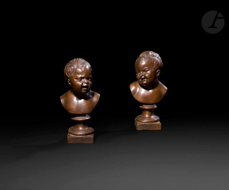 ÉCOLE FRANÇAISE du XIXe siècle

Jean qui rit et jean qui pleure

Paire de petits bustes en bronze à patine brune

Porte la signature " C. Garnier ciseleur " 

H : 22 cm