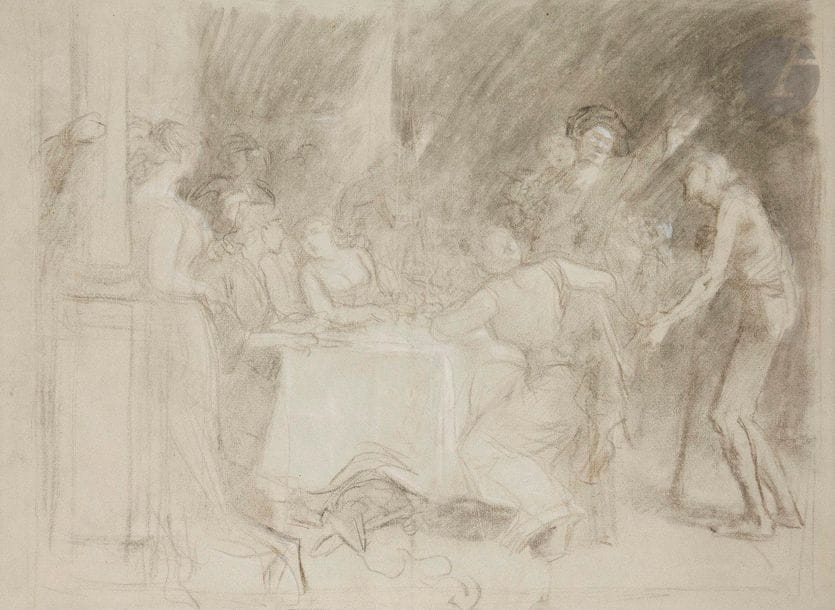 ÉCOLE FRANÇAISE du XIXe siècle

Scène de banquet

Fusain et rehauts de craie blanche sur papier.

(Pliures).

42,5 x 58,5 cm