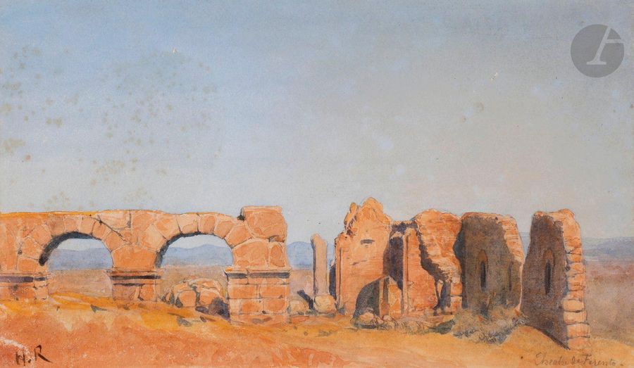 ÉCOLE FRANÇAISE du XIXe siècle

Théâtre de Ferents

Aquarelle.

Monogrammée " H.R. " en bas à gauche et titrée en bas à droite.

(Taches).

12,5 x 21 cm