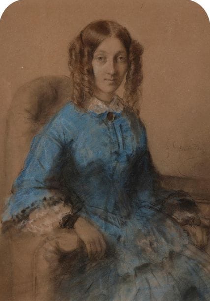 Félix François GENAILLE (1826 - 1880)
Portrait de femme assise,1850
Pierre noire, craie blanche et pastel bleu.
Signée et datée à droite au milieu.
24 x 17,5 cm