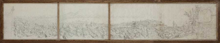 Antonio SENAPE (Rome 1788 - Naples 1850)
Vue de la baie et de la ville de Naples depuis San Martino, 1826
Crayon noir sur 4 feuilles assemblées.
Situé et daté au crayon à gauche : « Panorama di Napoli fatte de S. Martino 1826 ».
(Quelques mouillures, taches).
27,5 x 156 cm