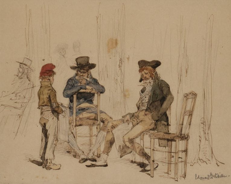 Édouard-Jean-Baptiste DETAILLE 
(1848 - 1912)
Le Vendeur du moniteur
Encre et aquarelle.
Signée en bas à droite.
(Taches).
20 x 23 cm