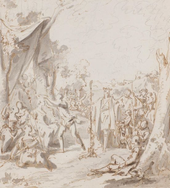 École française du XVIIIe siècle
La Fête du Printemps
Plume et encre brune, lavis brun, crayon noir.
En feuille.
16,5 x 15 cm

Provenance :
Ancienne collection Normand, son cachet renversé.