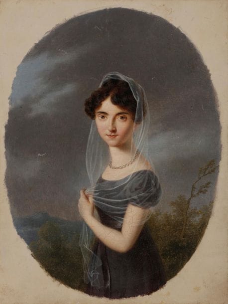 École FRANÇAISE vers 1810
Jeune fille en bleu dans un ovale peint 
Toile.
22 x 16,5 cm