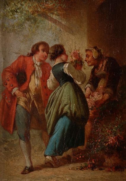 Attribué à François-Louis LANFANT 
dit LANFANT DE METZ 
(Sierck-Les-Bains, 1814 - Le Havre, 1892)
La diseuse de bonne aventure 
Panneau.
14 x 10 cm