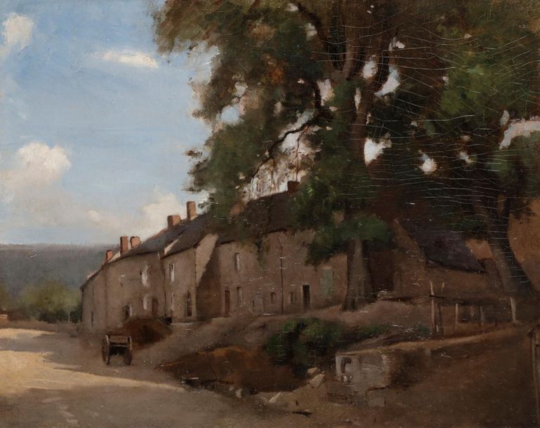 Attribué à Henri Joseph HARPIGNIES 
(1819 - 1916)
Chaumières en bordure d’un chemin
Toile.
Sans cadre.
34,5 x 43,5 cm