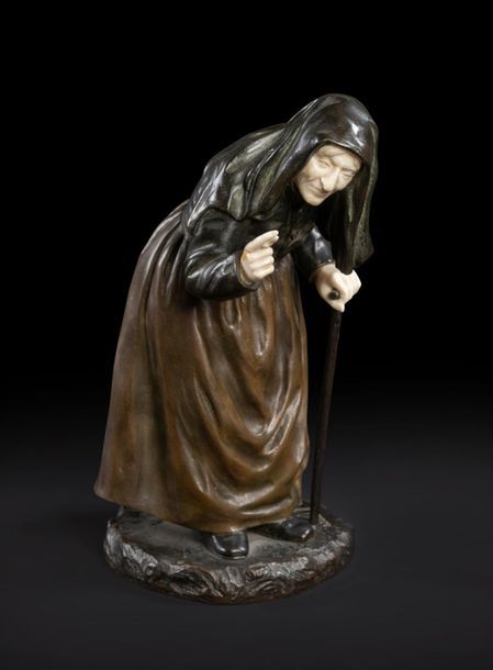 Paul D’AIRE (Actif en 1890-1910)
Vieille femme à la canne
Signé sur la terrasse, porte le numéro 1943 sous la base.
(Restauration à un doigt).
H : 22 cm