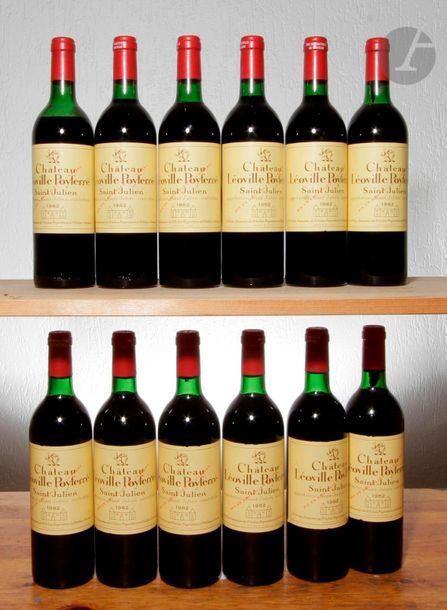 12 B CHÂTEAU LÉOVILLE POYFERRÉ (Caisse bois d'origine) 1 B.G ; 6 B.G.- ; 1 T.L.B. et 1 M.E ; 6 e.l.a., GCC2 Saint-Julien, 1982