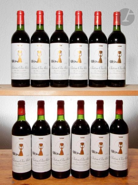 12 B CHÂTEAU CLERC MILON (Caisse bois d'origine) 7 B.G ; 4 T.L.B.+ ; 1 accroc bas de capsule, GCC5 Pauillac, 1982