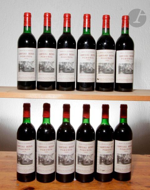12 B CHÂTEAU NÉNIN (Caisse bois d'origine) 2 B.G ; 4 T.L.B.+ et 3 T.L.B ; e.l.s. dont 6 e.l.a., Pomerol, 1982