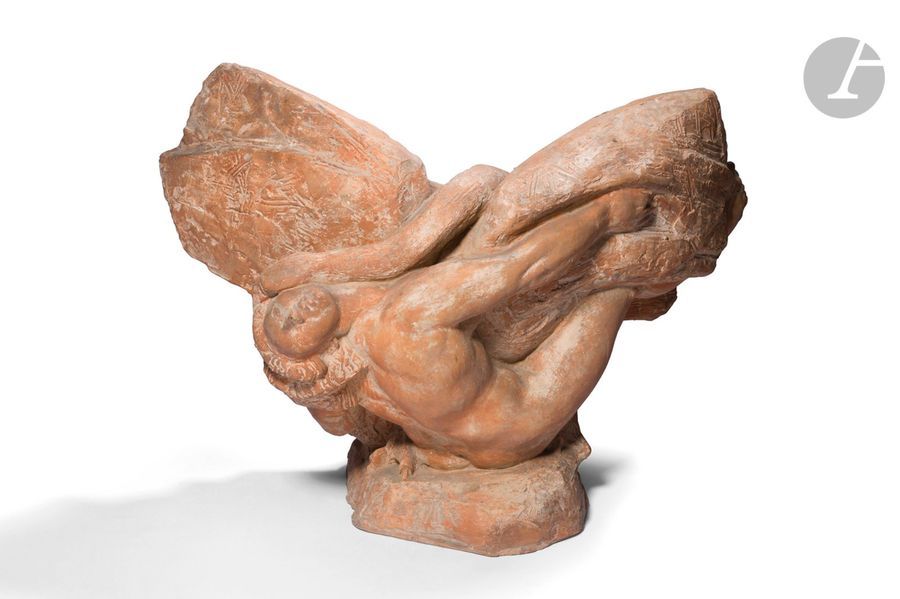 CLAUDE BOUSCAU (1909-1985) 
Léda et le cygne, Rome 1938
Groupe sculpté. Terre cuite d’atelier. Petits manques et fissures épars, trois percements au dos. Signé BOUSCAU, situé ROMA, daté (19)38 et porte le monogramme de l’artiste au dos. 40 x 55 x 28 cm

À noter : 
Une version en travertin de cette sculpture se trouve dans le jardin du musée de la Piscine de Roubaix. 