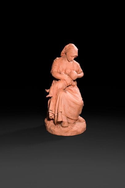 * Aimé-Jules Dalou (1838 - 1902), d'après

La paysanne française allaitant son enfant

Épreuve en terre cuite.

Signé " Dalou " sur la terrasse.

A l'intérieur un tampon à l'encre illisible.

H : 51 cm



Bibliographie :

Jules Dalou, Le sculpteur de la République, catalogue de l'exposition tenue au Petit Palais à paris en 2013, RMN, Paris, 2013, modèle répertorié sous le n°285, p.355.