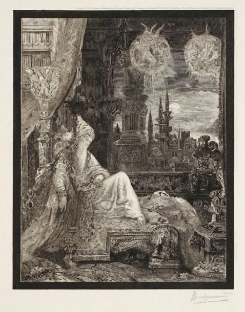 Félix Bracquemond (1833-1914)
Le Songe d'un Habitant du Mogol; La Tête et la queue du serpent. (Planches pour les Fables de La Fontaine). 1886. Eau-forte d'après Gustave Moreau. 280 x 355 et 195 x 290. B. 796 et 800. Très belles épreuves signées à la mine de plomb, la 1re sur simili-japon, la 2e sur vélin à l'imitation du parchemin. Belles marges. Joint: Le Chemin de halage au Bas-Meudon ou La Seine au Bas-Meudon. 1884. Eau-forte. 230 x 160. B. 187. Épreuve sur vergé, du tirage effectué pour la Gazette des Beaux-Arts. Rousseurs claires. Ex-coll. H.-M. Petiet (Lugt non décrit). Ens. 3 p.