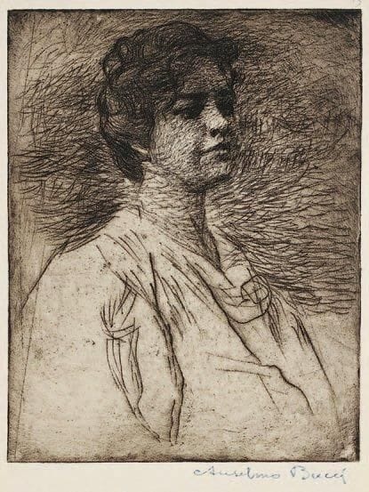 Anselmo Bucci (1887-1955)
[Femme en buste vers la droite]. Vers 1910. Vernis mou. 218 x 282. Très belle épreuve sur simili-japon, signée au crayon bleu. Petites marges normales.