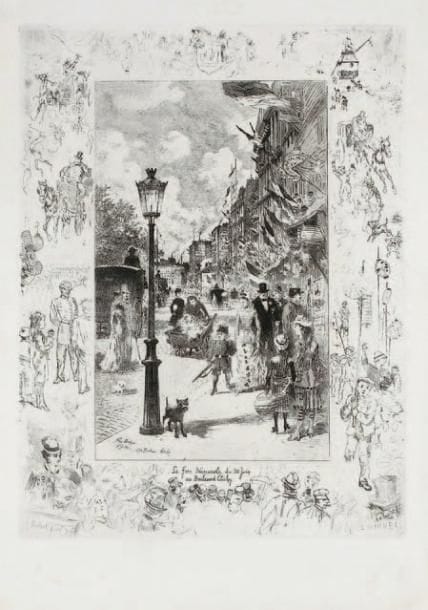 Félix Buhot (1847-1898)
La Fête Nationale au boulevard Clichy. 1878. Eau-forte, pointe sèche et aquatinte. 238 x 319. B.-G. 127. Très belle épreuve sur japon vergé mince, du 6e état (sur 8) selon Goodfriend, avant l'aquatinte dans les marges. Quelques très claires rousseurs. Toutes marges.