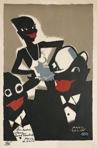 Paul Colin (1892-1985)
La Revue Nègre. Reproduction réalisée en 1976 d'après l'affiche de 1925. Photolithographie. 450 x 610. Impression en couleurs. Belle épreuve sur vélin fort, numérotée au feutre noir et dédicacée dans le sujet «Bon souvenir / à l'ami / Gérard Trimbach / Paul Colin». Légère oxydation. Marges. Cadre.