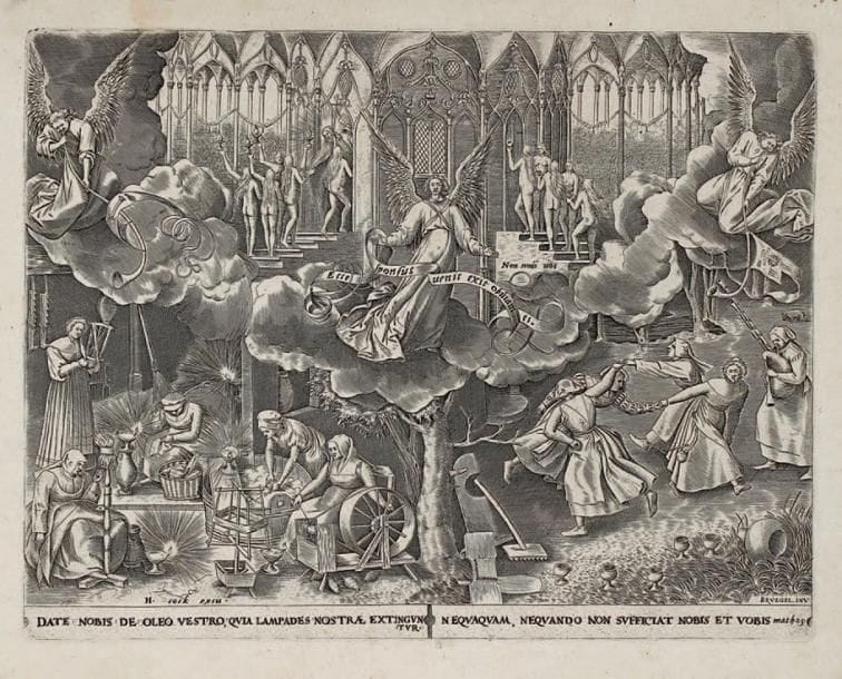 Pieter Bruegel ou Brueghel l'Ancien (vers 1525-1569)
La Parabole des Vierges sages et des Vierges folles. Gravé par Ph. Galle. H. Cock éditeur. 290 x 222 [337 x 265]. Bartsch, Hollstein 123. Belle épreuve. Rousseurs claires éparses. Petites déchirures marginales très habilement restaurées au verso. Bonnes marges.