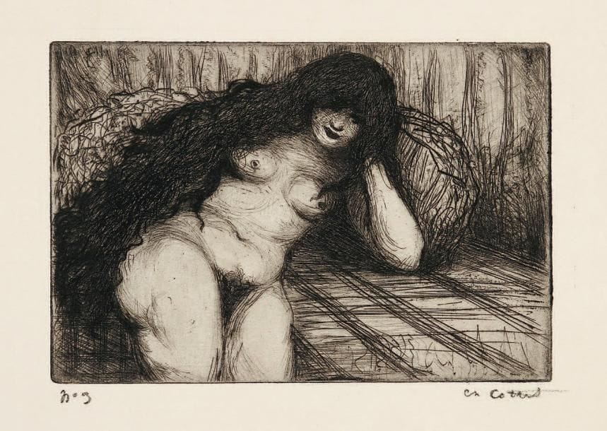 Charles Cottet (1863-1925)
Femme au lit; Femme dans la serre; Femme aux manches écossaises; Femme nue aux longs cheveux noirs. 1909. Pointe sèche; eau-forte. 165 x 118. M. 31, 34, 40 et 42. Très belles épreuves sur vergé, numérotées (sauf une) et signées à la mine de plomb. Toutes marges. Tirage à 35 épreuves. Joint: Bretonne en cape de deuil. 1911. Eau-forte. 133 x 130. M. 57. Très belle épreuve sur vélin crème fort, signée à la mine de plomb, antérieure au tirage pour la Gazette des Beaux-Arts. Ens. 5 p.