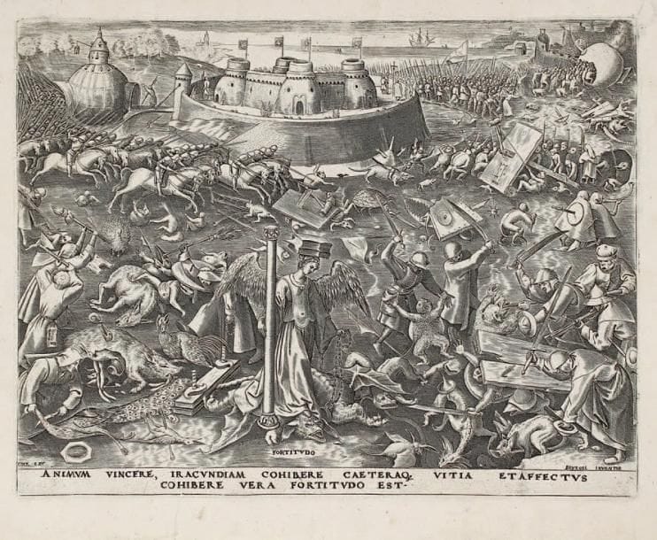 Pieter Bruegel ou Brueghel l'Ancien (vers 1525-1569)
La Force. Burin. H. Cock éditeur (et graveur?) 290 x 228 [338 x 266]. B., H. 137. Belle épreuve. Petites déchirures en pied, l'une pénétrant légèrement dans la tablette, très habilement restaurée au verso. Petit manque au bord gauche, comblé au verso. Coup de planche latéral droit supérieur fracturé et habilement restauré au verso. Petit manque dans l'angle inférieur droit du feuillet. Bonnes marges.