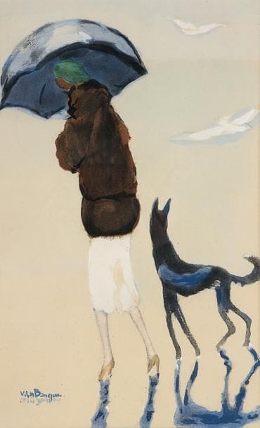 Kees van Dongen (1877-1968) (d'après)
Femme au parapluie avec chien sur la plage. Vers 1925. Lithographie et coloris au pochoir. À vue: 283 x 460. Très belle épreuve sur vélin, tendue par les bords sous passe-partout au verso, légèrement oxydée. Toutes marges. Cadre.