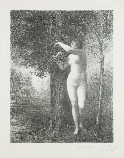 Henri-Théodore Fantin-Latour (1836-1904)
Ève. 1896. Autographie. À vue: 380 x 465. Hédiard-Mason 126. Très belle épreuve sur chine volant, collée par les bords sur carton, dédicacée à la mine de plomb «À Monsieur A. Pigeon» et signée. Petites rousseurs aux bords du feuillet. Toutes marges. Rare. Tirage à 50 épreuves. Cadre. Amédée Pigeon (1851-1905) était romancier, critique d'art notamment à La Gazette des Beaux-Arts et journaliste au Figaro où il suivait le courrier d'Allemagne. Fantin-Latour l'a représenté à droite dans son tableau Autour du Piano (1885) aujourd'hui conservé au Musée d'Orsay.