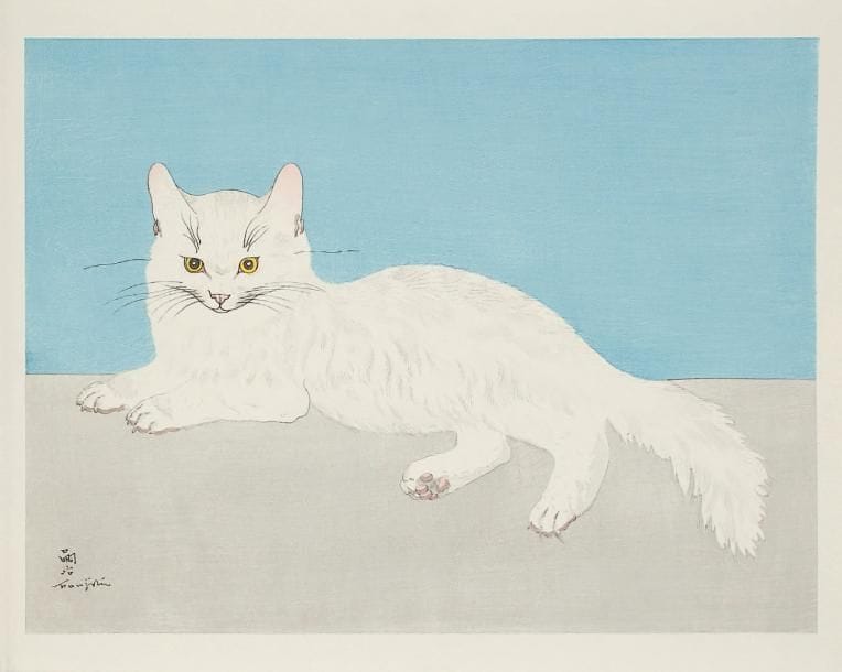 Léonard-Tsuguharu Foujita (1886-1968)
Chat couché. 1929. Gravure sur bois. 447 x 327. Buisson 29-126. Impression en couleurs. Très belle et fraîche épreuve sur japon. Infimes traces de plis. Toutes marges. Rare.