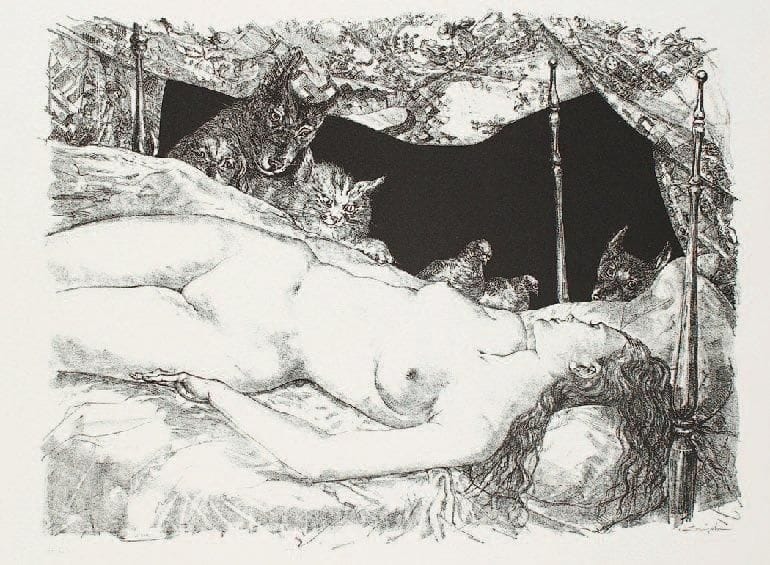 Léonard-Tsuguharu Foujita (1886-1968)
Le Rêve. 1947. Lithographie. [760 x 560]. B. 47-19. Très belle épreuve sur vélin blanc fort, justifiée «H.C.» et signée à la mine de plomb. Toutes marges.