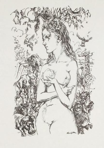 Léonard-Tsuguharu Foujita (1886-1968)
Ève. 1960. Photolithographie. [520 x 670]. B. 60-29. Belle épreuve sur japon nacré. Pli cassé oblique dans l'angle supérieur gauche. Petit trou et épidermure au-dessus du sujet à droite. Toutes marges non ébarbées.