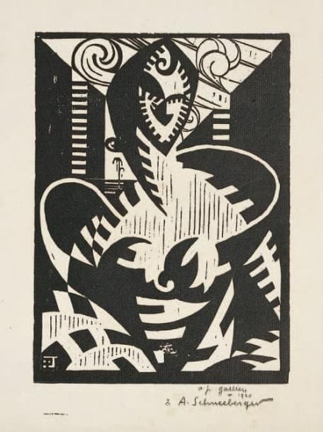 Pierre-Antoine Gallien (1896-1963)
[Femme cubisante]. 1920. Bois gravé. 162 x 223. Belle épreuve sur vergé crème, signée, datée et dédicacée «à A. Schneeberger» à la mine de plomb. Rousseurs claires. Menus accidents aux bords du feuillet.
