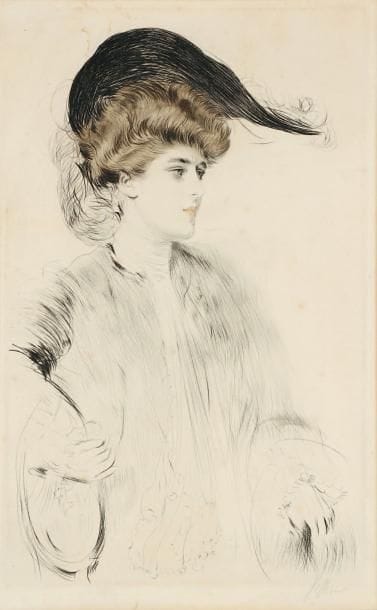 Paul-César Helleu (1859-1927)
Femme au chapeau à plume. Vers 1900. Pointe sèche. 340 x 545. Impression en couleurs. Belle épreuve sur vélin texturé crème, signée à la mine de plomb, collée sur carton. Quelques rousseurs circulaires et trace d'oxydation sous le passe-partout. Marges. Cadre.
